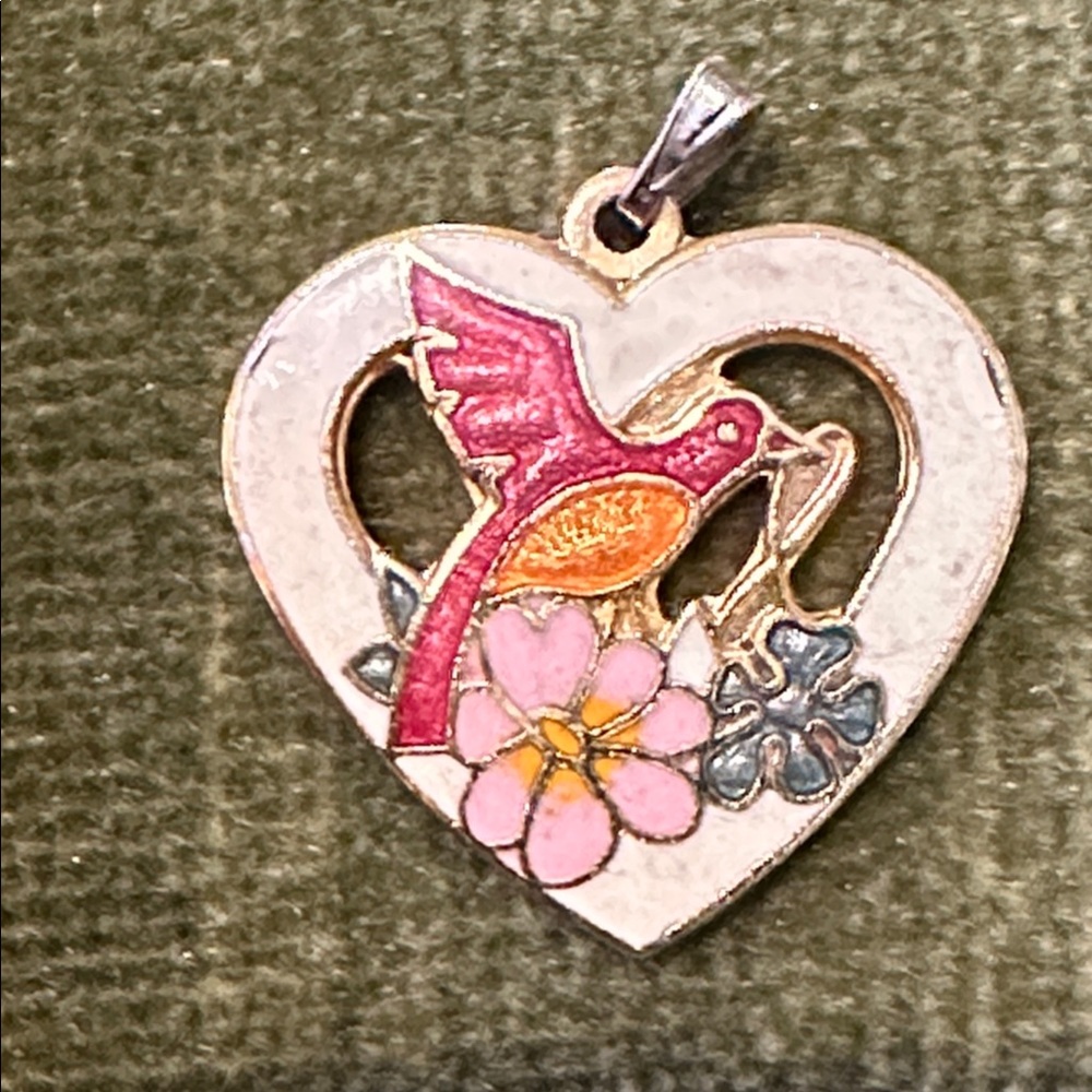 Vintage Cloisonne Heart-Shaped Pendant with Hummingbird and Floral Design